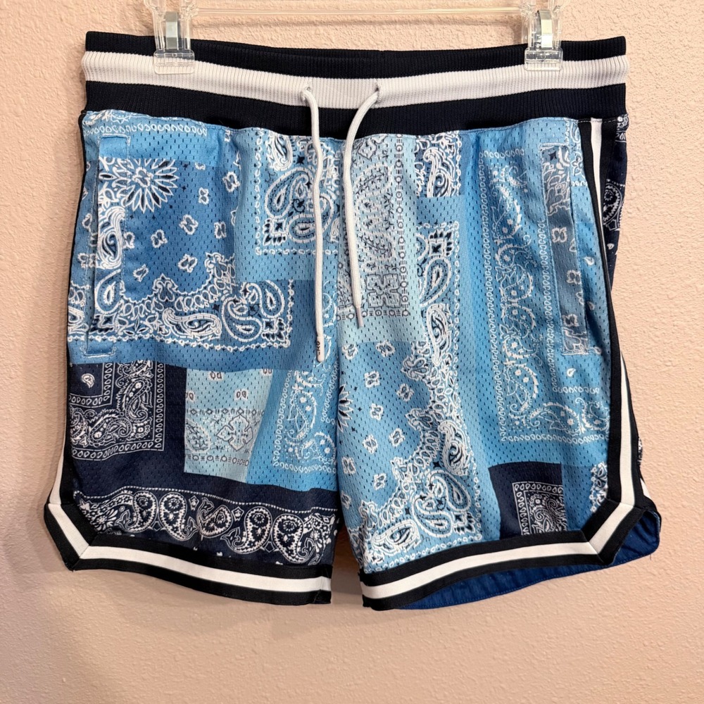 LRG Lifted Research Group Mens Blue Bandana Patchwork Mesh Basketball Shorts
